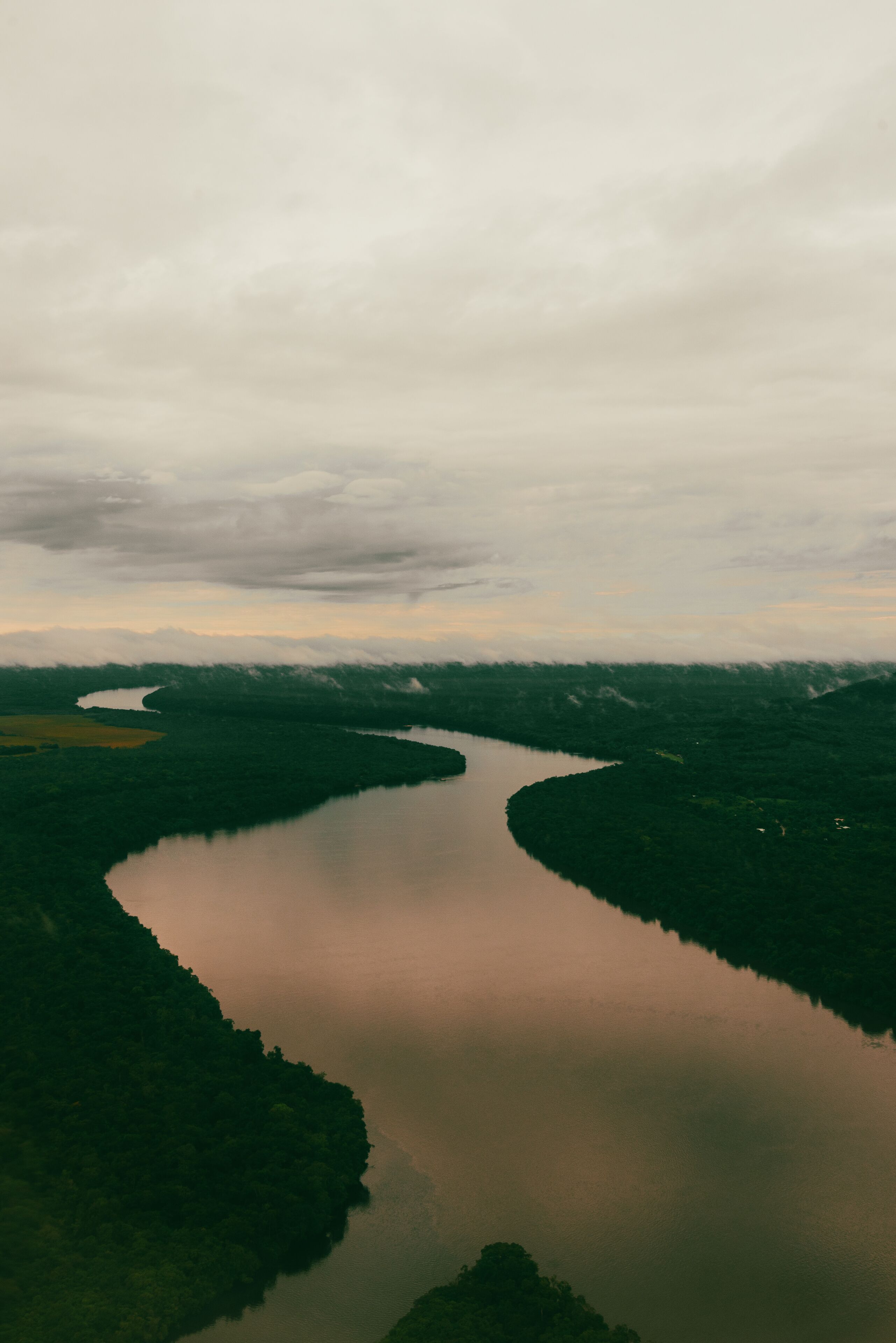 A river winding through a forested landscape with a cloudy sky.
