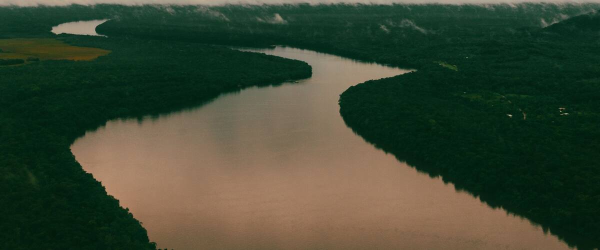 A river winding through a forested landscape with a cloudy sky.