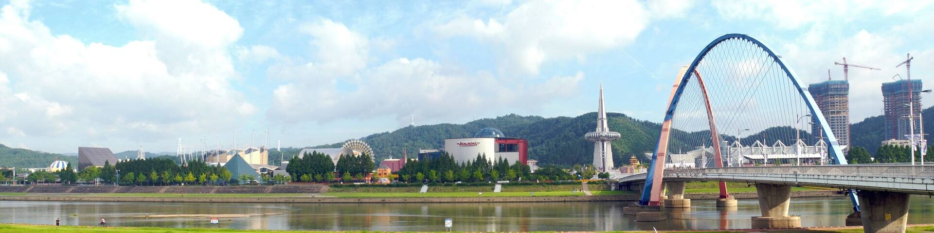 Panorama of the Expo Science Park in Daejeon, South Korea. It was stitched from four photographs that were taken from across Gapcheon.