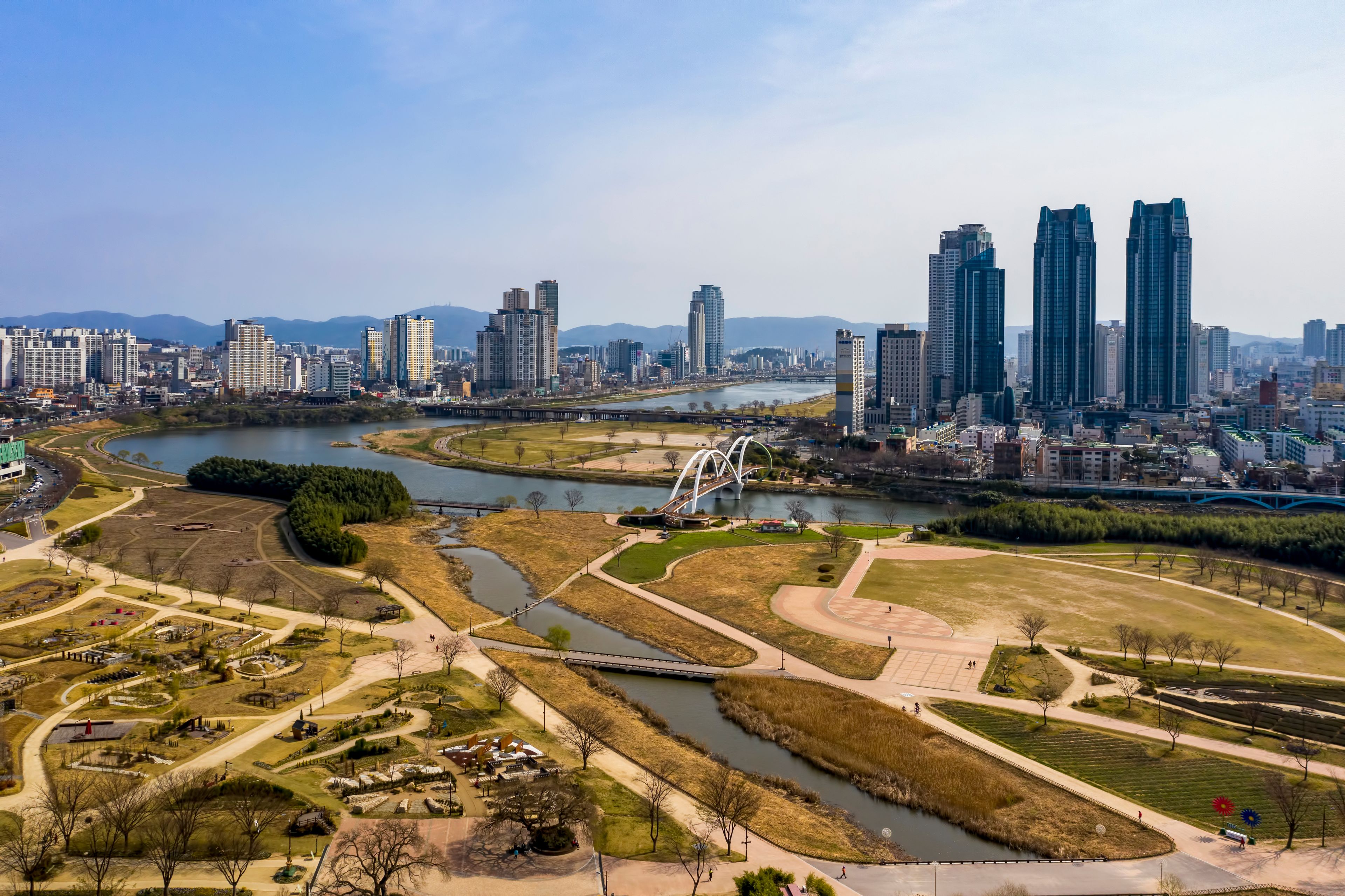 Taehwa River, Jung-gu, Ulsan, South Korea - March 22, 2020: Aerial view of Taehwa River Grand Park 