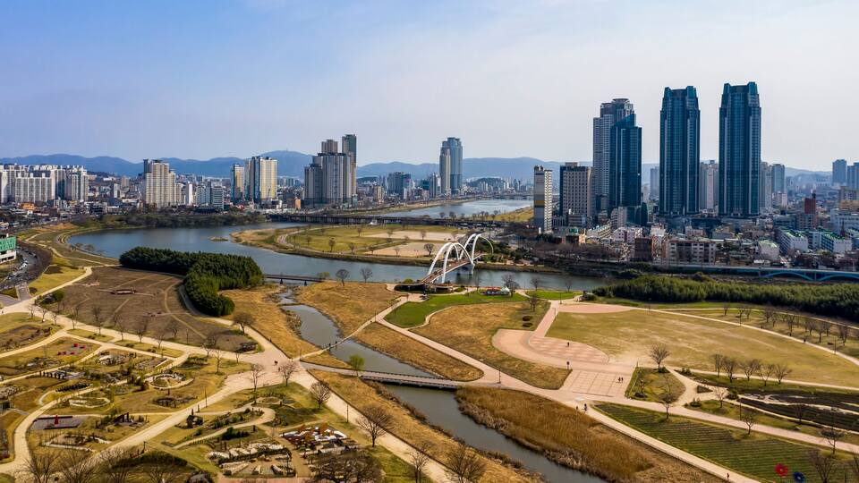 Taehwa River, Jung-gu, Ulsan, South Korea - March 22, 2020: Aerial view of Taehwa River Grand Park