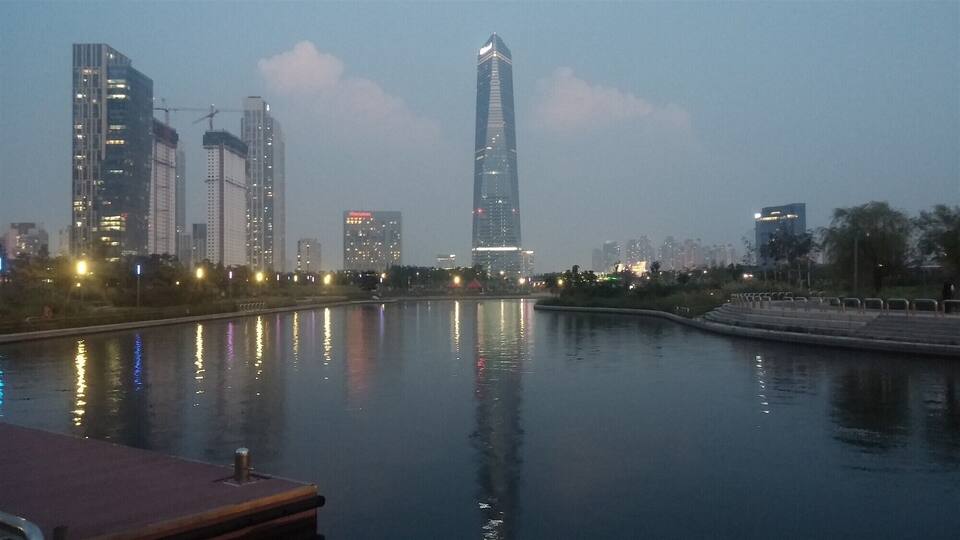 Central Park and the Convensia at Night, Songdo IBD, Incheon, Korea