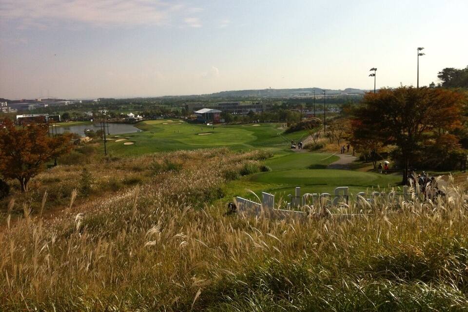 Un campo da golf con uno stagno, alberi e edifici in lontananza.