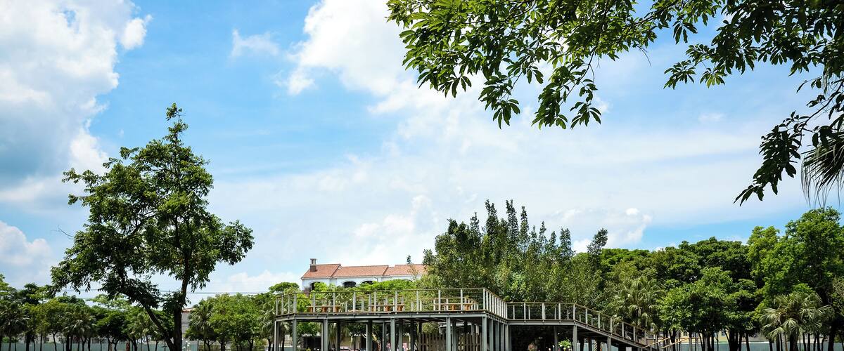 A park with a wooden deck, trees, and a building in the background.