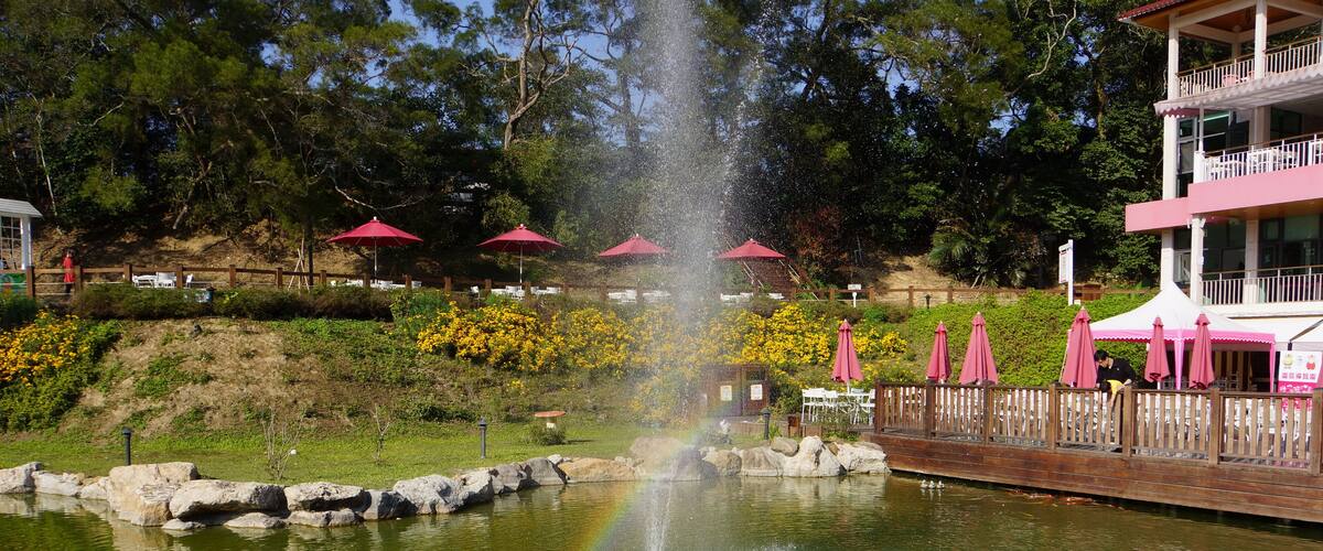 A pond with a fountain, surrounded by a wooden deck, with pink umbrellas and a building in the background.