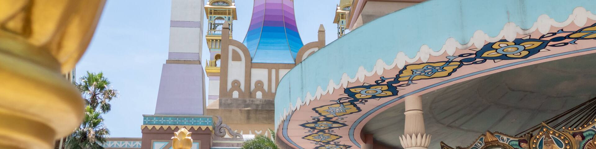 A colorful architectural structure with domes and towers.