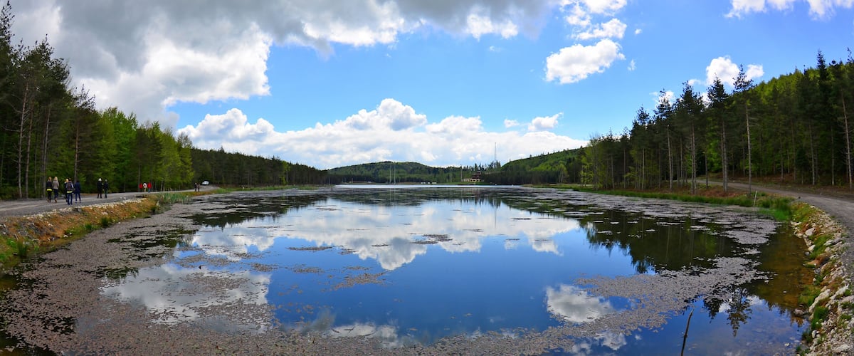 A lake surrounded by forest with a clear sky and a few clouds.
