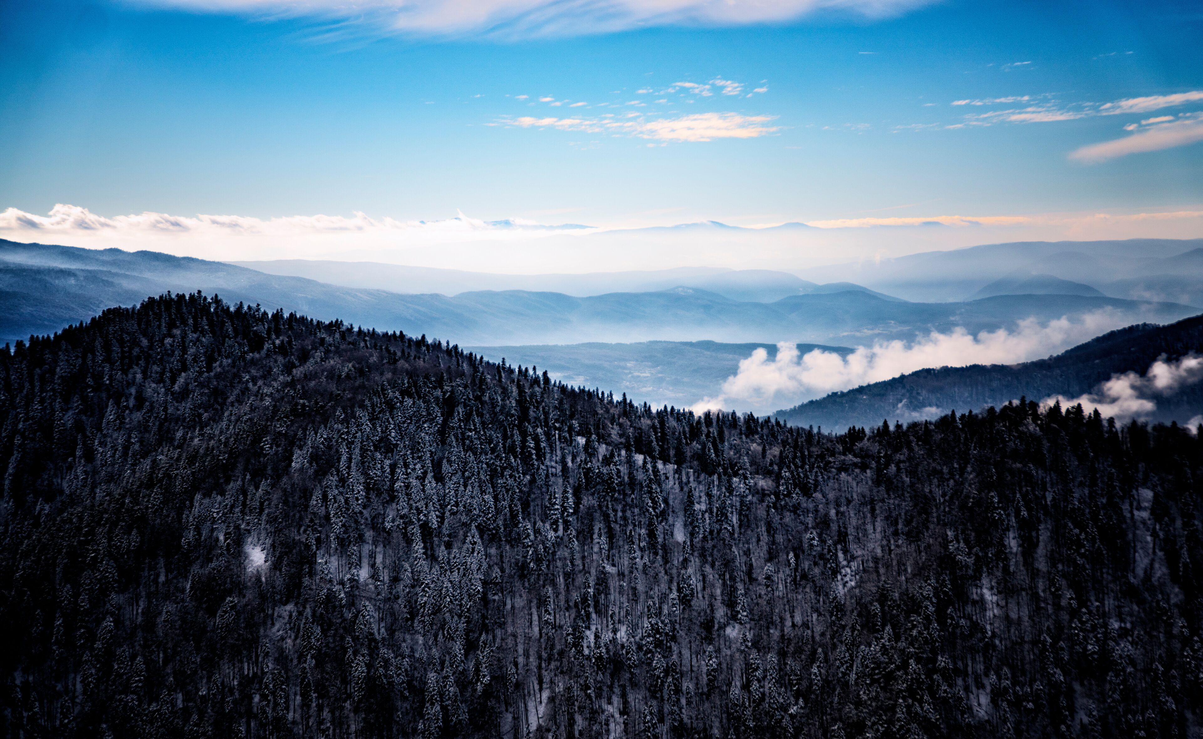 A mountainous landscape with dense forests and a clear sky.