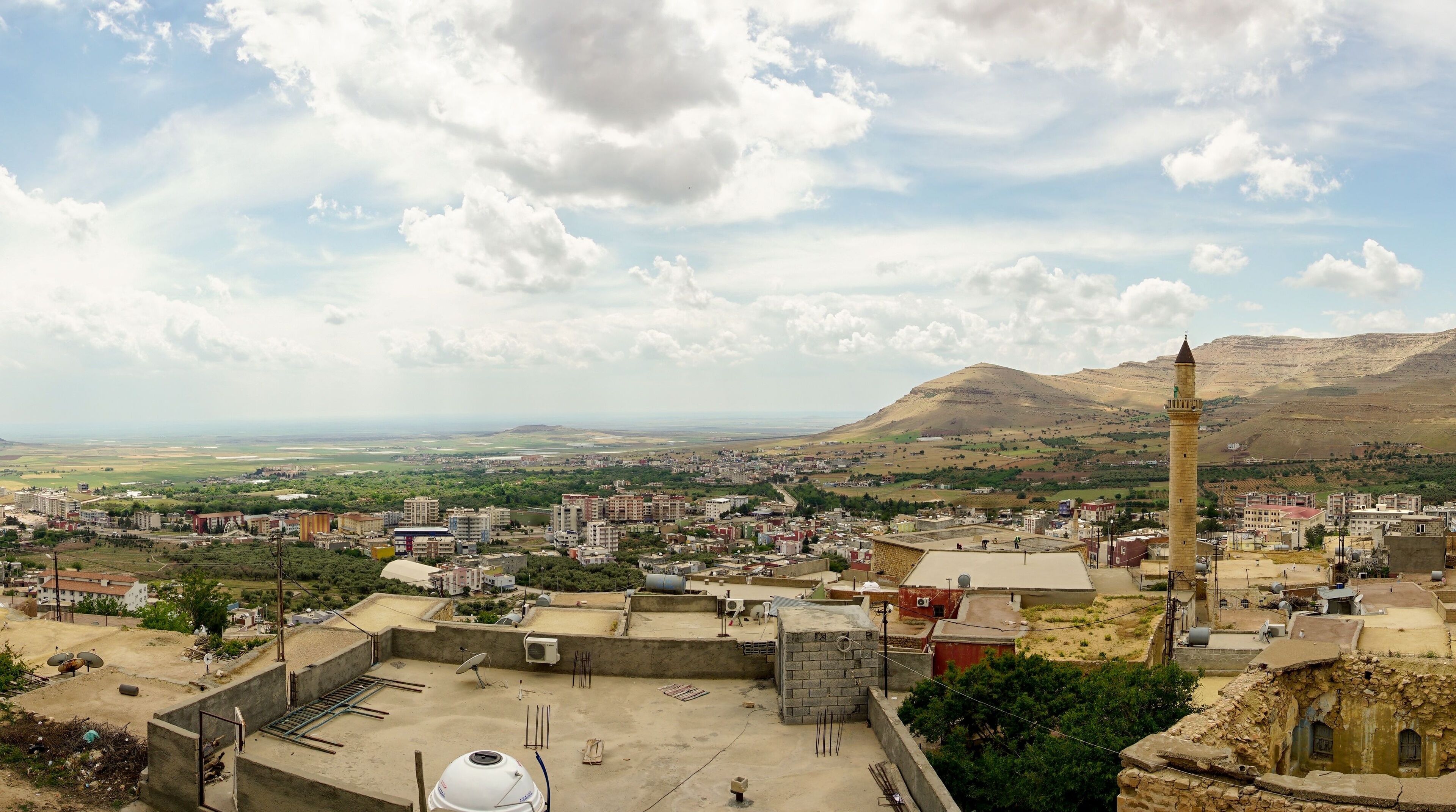 Aerial view of the cityscape of Derik Mardin in Turkey on a sunny day