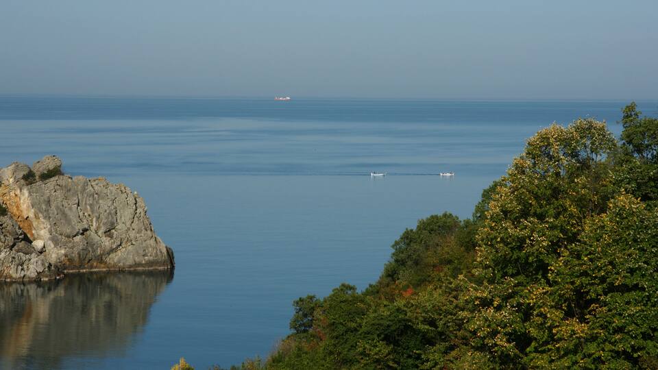 A calm sea with a rocky outcrop and dense foliage in the foreground.