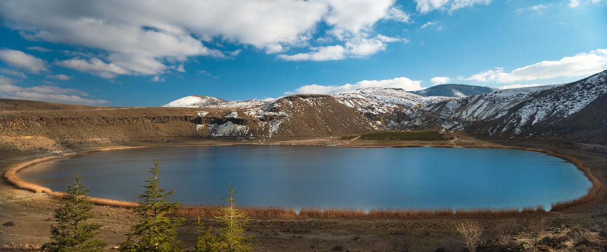 A lake surrounded by snow-capped mountains and a clear blue sky.