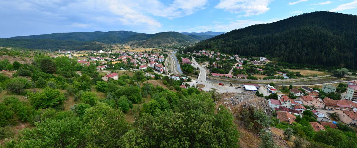 A town nestled in a valley with a river running through it, surrounded by hills and dense forests.
