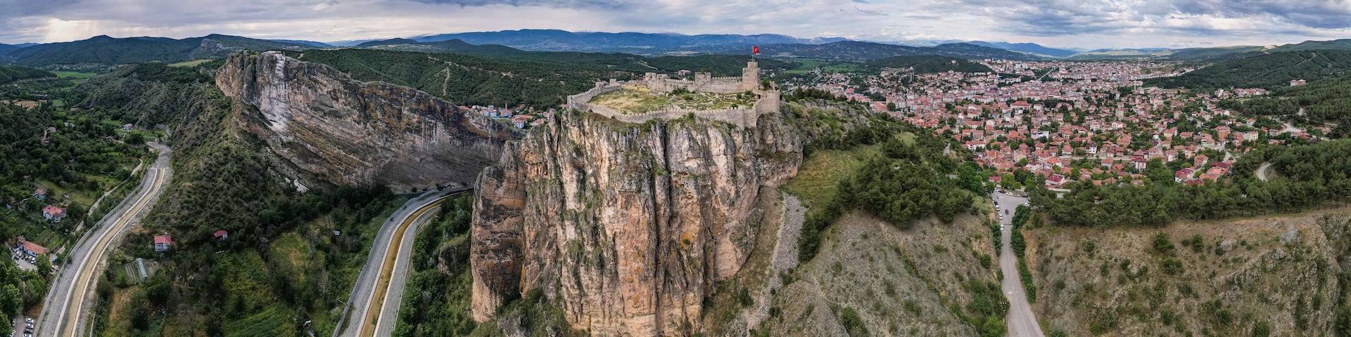 Boyabat Castle in Boyabat District. Sinop, Turkey. Aerial view of Boyabat Castle. Drone shot.