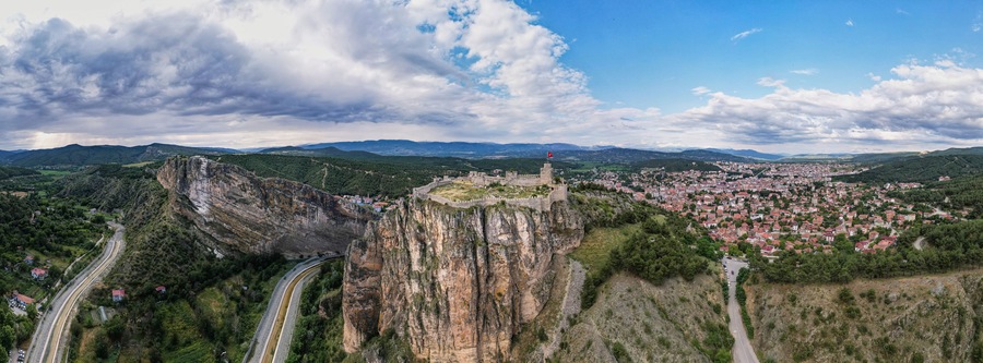 Boyabat Castle in Boyabat District. Sinop, Turkey. Aerial view of Boyabat Castle. Drone shot.