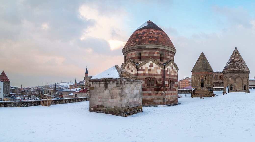 Panoramic image of three kumbets historical tombs in Erzurum, Turkey