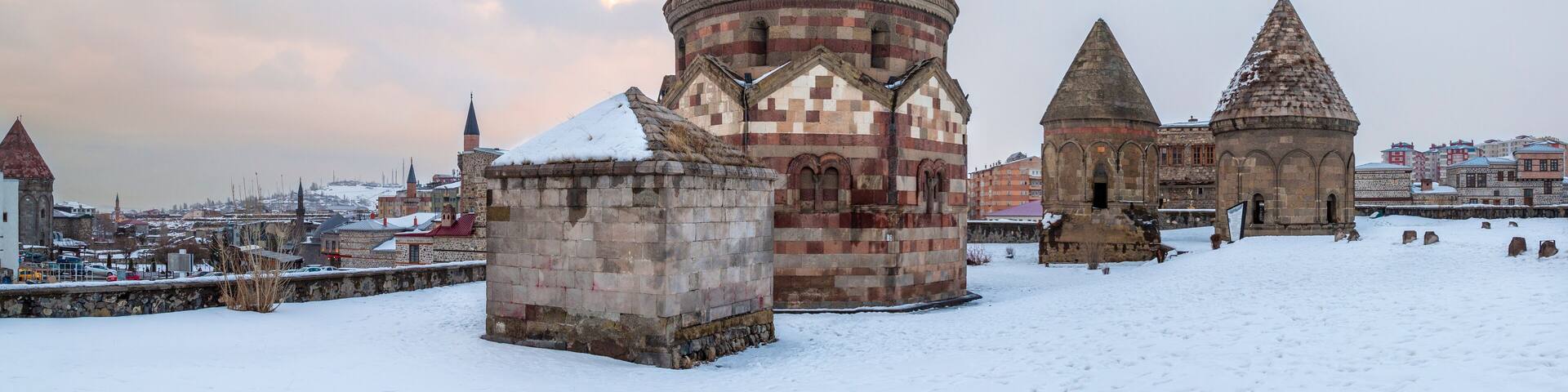 Panoramic image of three kumbets historical tombs in Erzurum, Turkey
