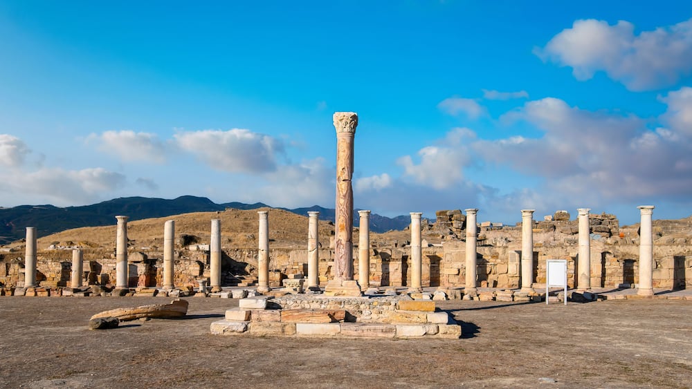Ancient ruins with columns and stone structures against a mountainous backdrop.