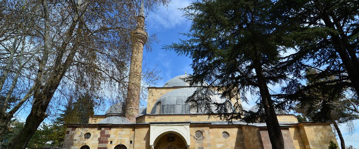 A historic building with a prominent minaret and a dome, surrounded by trees.