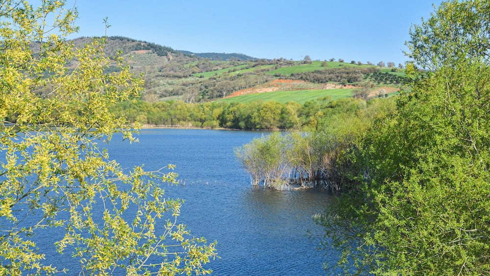 A lake surrounded by green hills and trees.