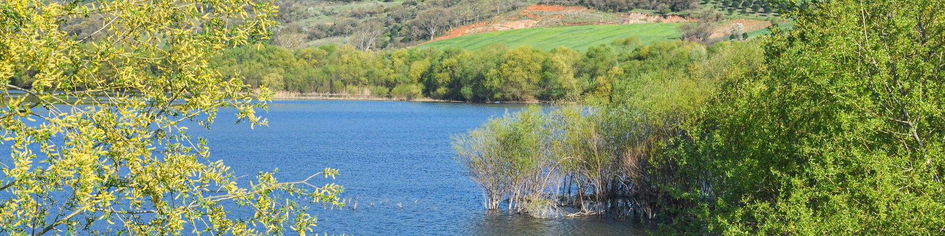 A lake surrounded by green hills and trees.