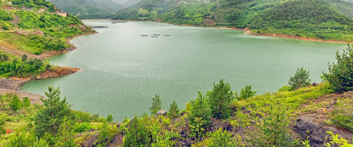 A calm lake surrounded by lush green hills and mountains under a cloudy sky.