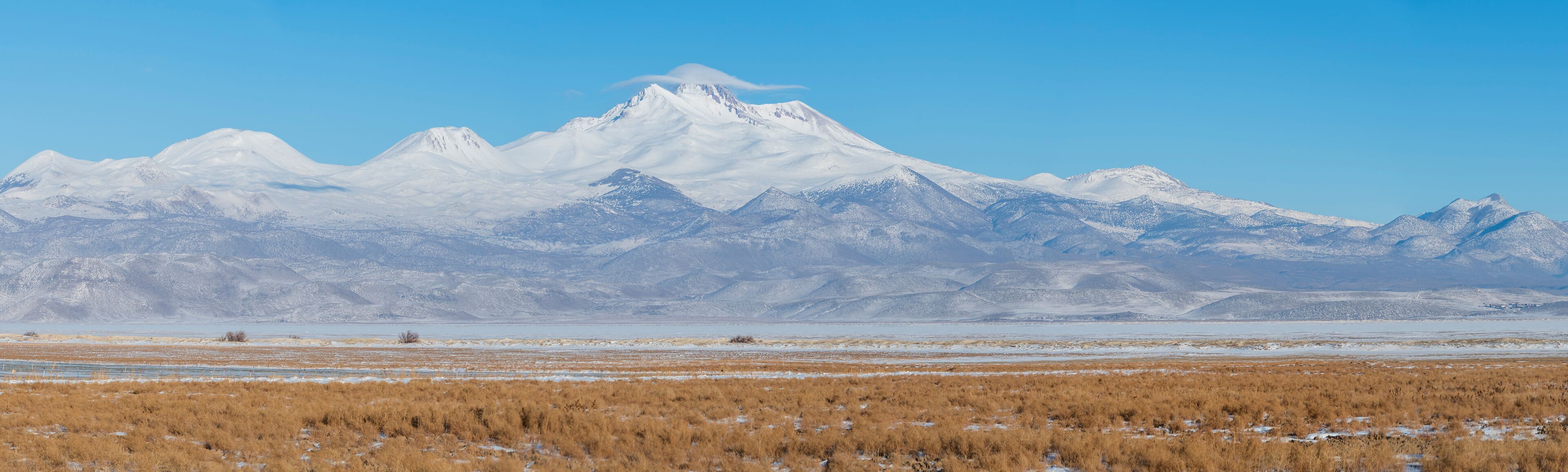 A snow-covered mountain range with a flat, grassy plain in the foreground.
