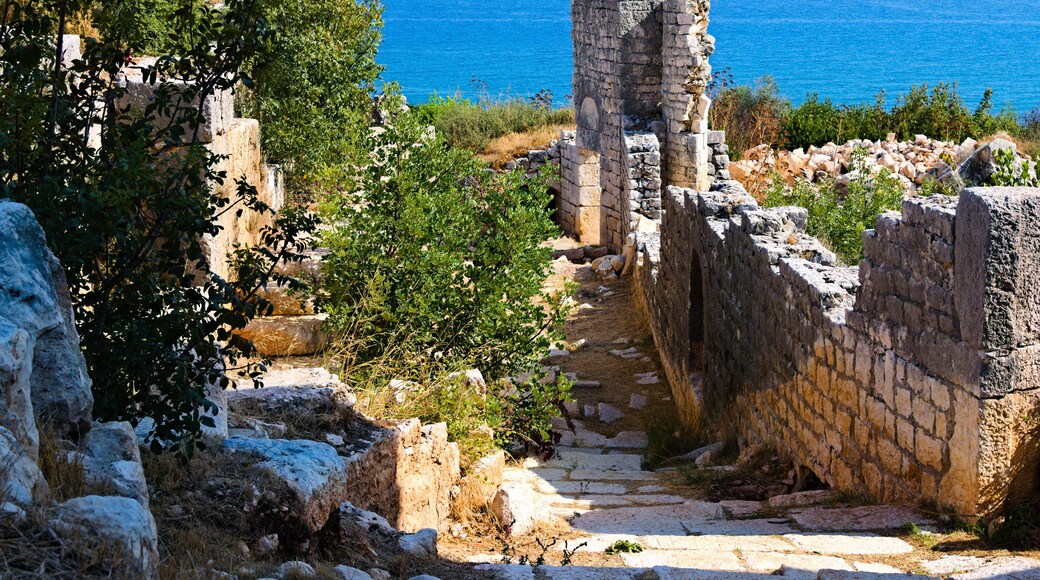 Scenic landscape view of Akkale (literally "white castle"). It is an ancient ruins of a building complex in Kumkuyu town of Erdemli district, Mersin Province, Turkey. Sunny autumn day