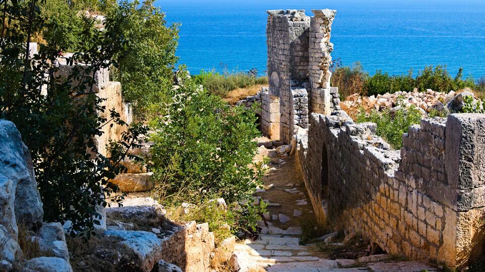 Scenic landscape view of Akkale (literally "white castle"). It is an ancient ruins of a building complex in Kumkuyu town of Erdemli district, Mersin Province, Turkey. Sunny autumn day