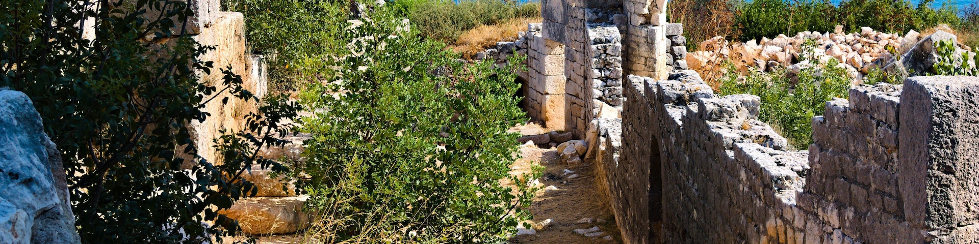 Scenic landscape view of Akkale (literally "white castle"). It is an ancient ruins of a building complex in Kumkuyu town of Erdemli district, Mersin Province, Turkey. Sunny autumn day