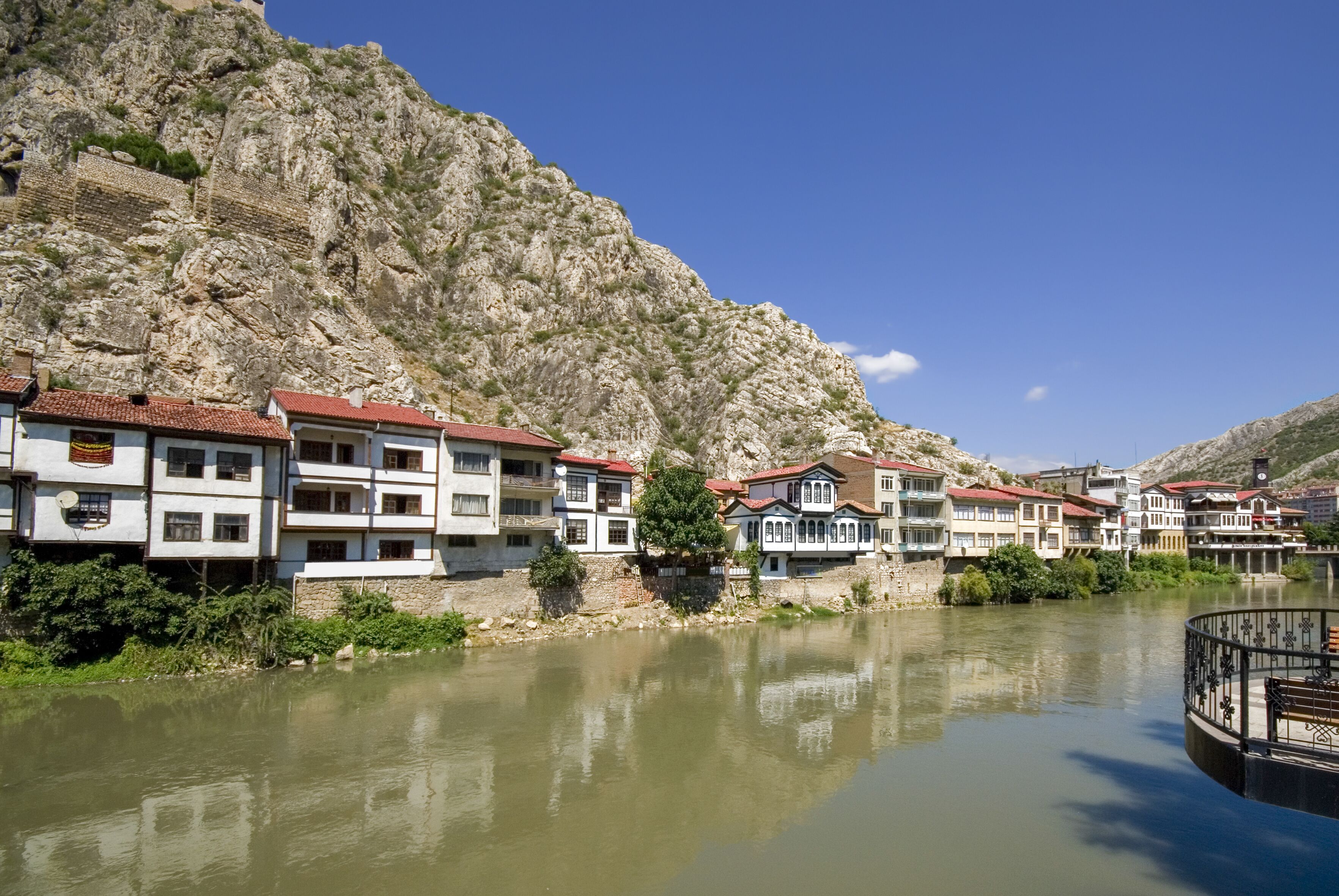 Amasya it is located inside the Black Sea Region.City is known as Ottoman's prince city. Amasya landscape beautiful river with clouds Clock Tower and Old Ottoman Amasya, Turkey.