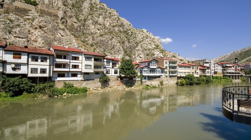 Amasya it is located inside the Black Sea Region.City is known as Ottoman's prince city. Amasya landscape beautiful river with clouds Clock Tower and Old Ottoman Amasya, Turkey.