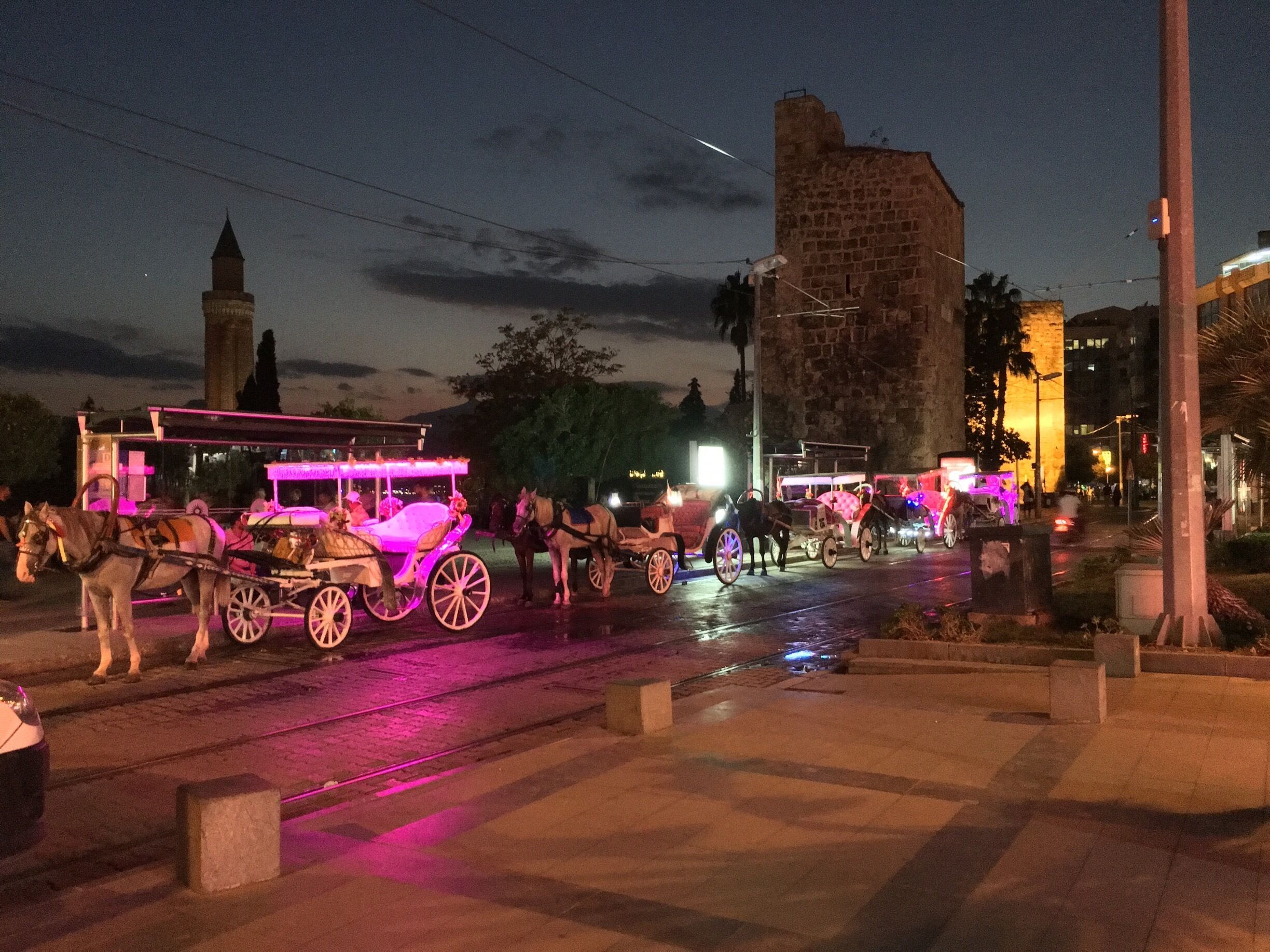 A nighttime street scene with horse-drawn carriages and illuminated buildings.