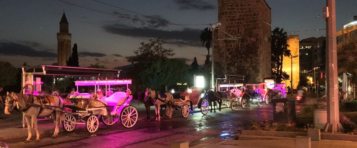 A nighttime street scene with horse-drawn carriages and illuminated buildings.