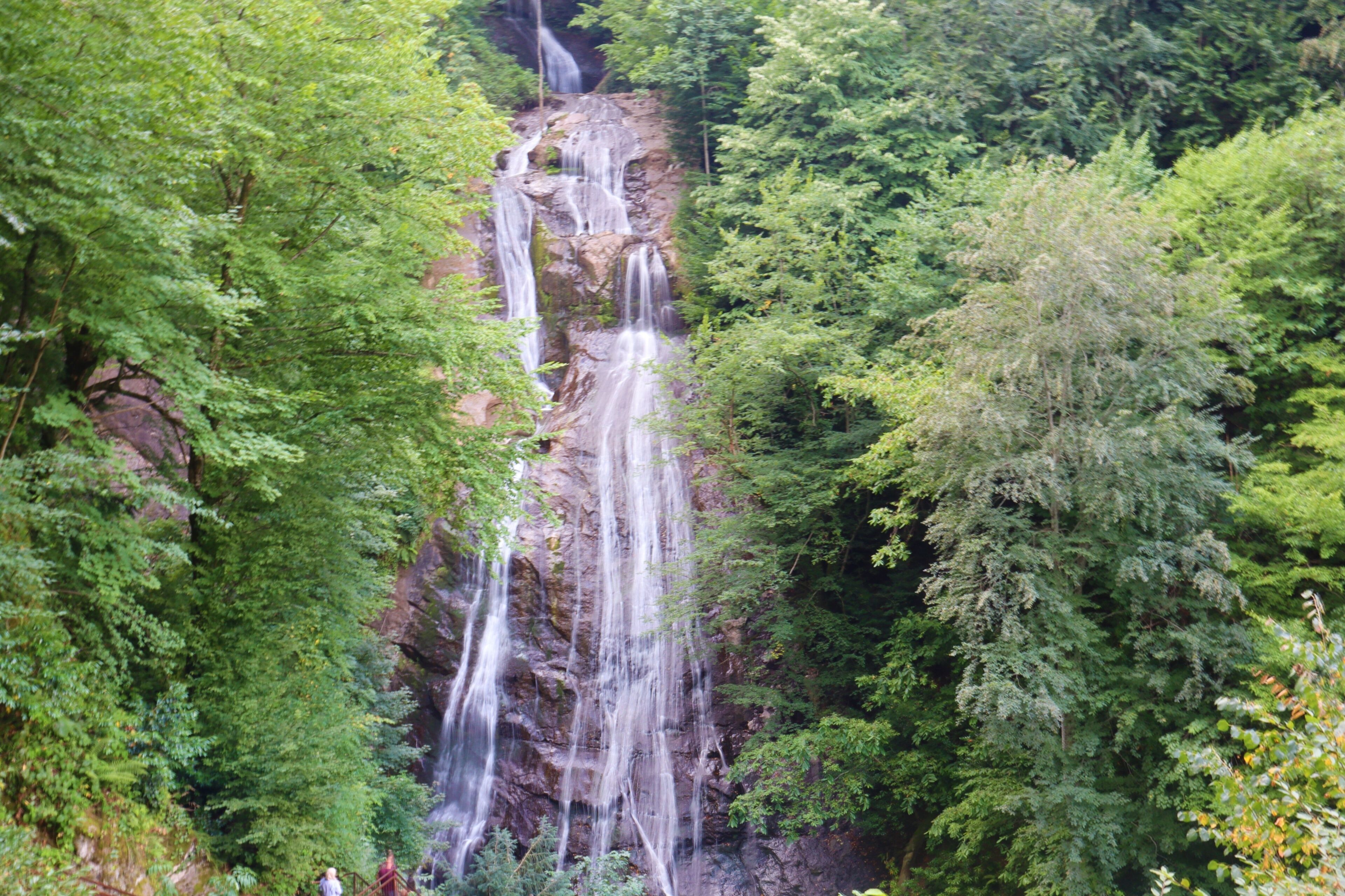 A waterfall cascading down a rocky cliff surrounded by dense green foliage.