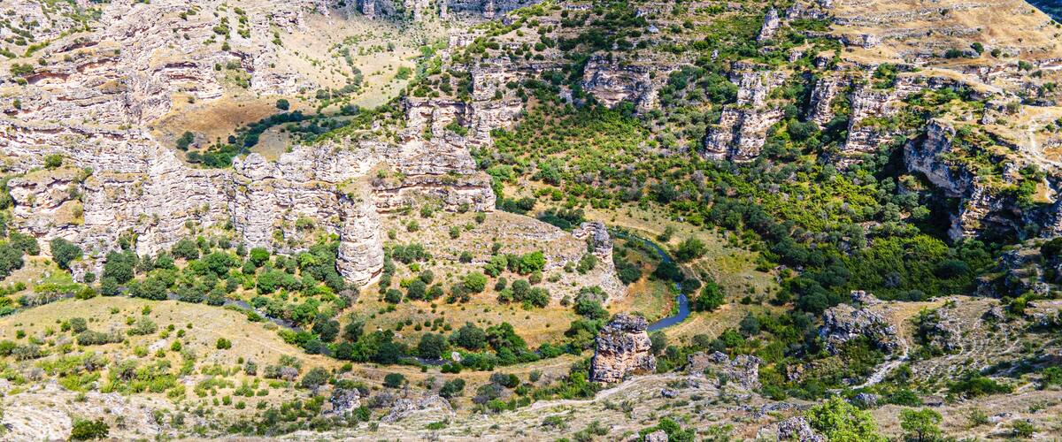 A rugged canyon landscape with rocky cliffs, sparse vegetation, and a winding river.
