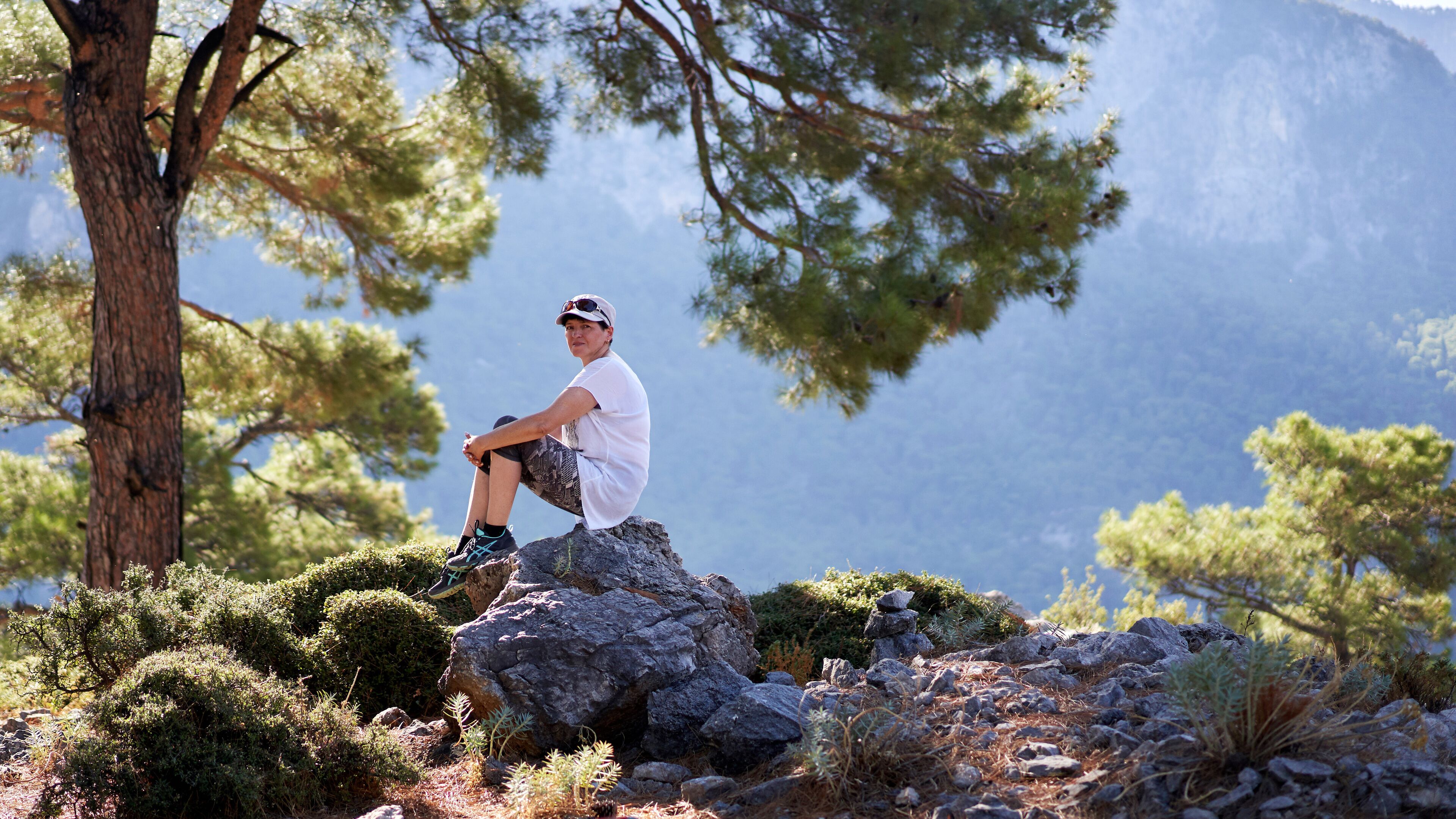 A person sitting on a rock surrounded by trees and a mountainous landscape.