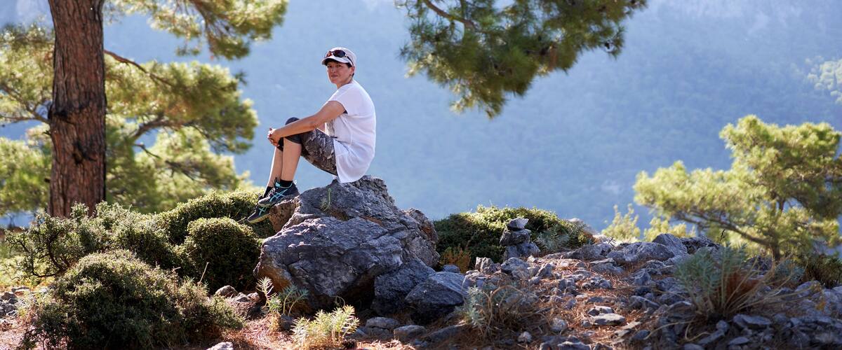 A person sitting on a rock surrounded by trees and a mountainous landscape.