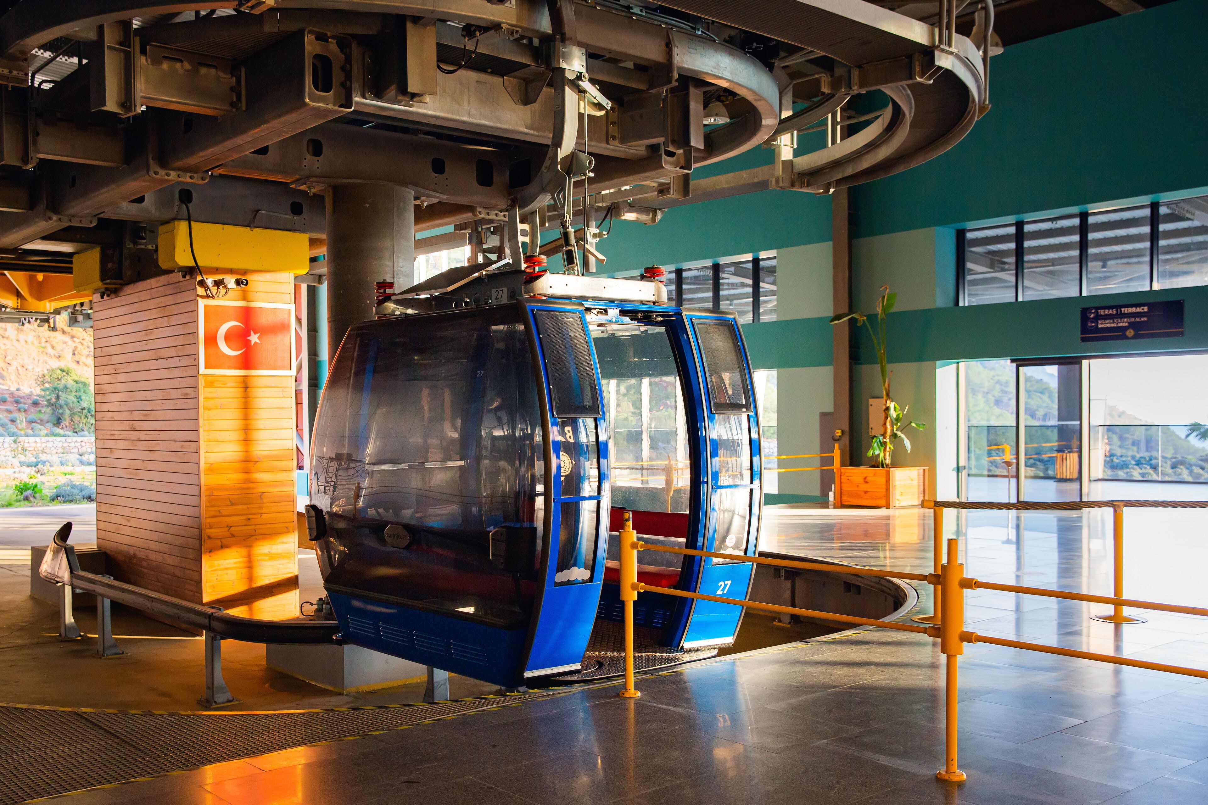 Cableway mechanism, cabin car silhouette. Funicular to Mount Babadag, Türkiye.
