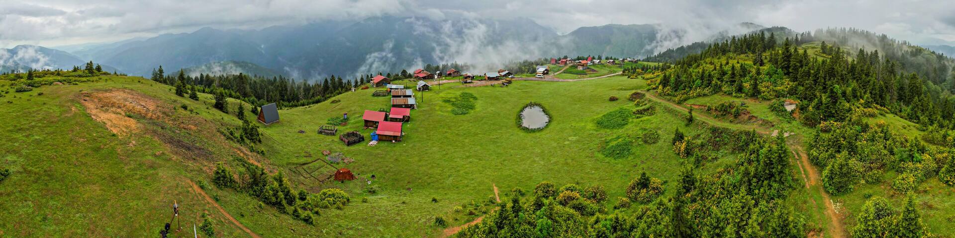 BADARA PLATEAU aerial view. This plateau located in Camlihemsin district of Rize province. Kackar Mountains region. Rize, Turkey. Drone shot.