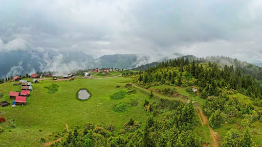 BADARA PLATEAU aerial view. This plateau located in Camlihemsin district of Rize province. Kackar Mountains region. Rize, Turkey. Drone shot.