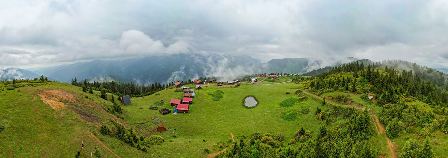 BADARA PLATEAU aerial view. This plateau located in Camlihemsin district of Rize province. Kackar Mountains region. Rize, Turkey. Drone shot.