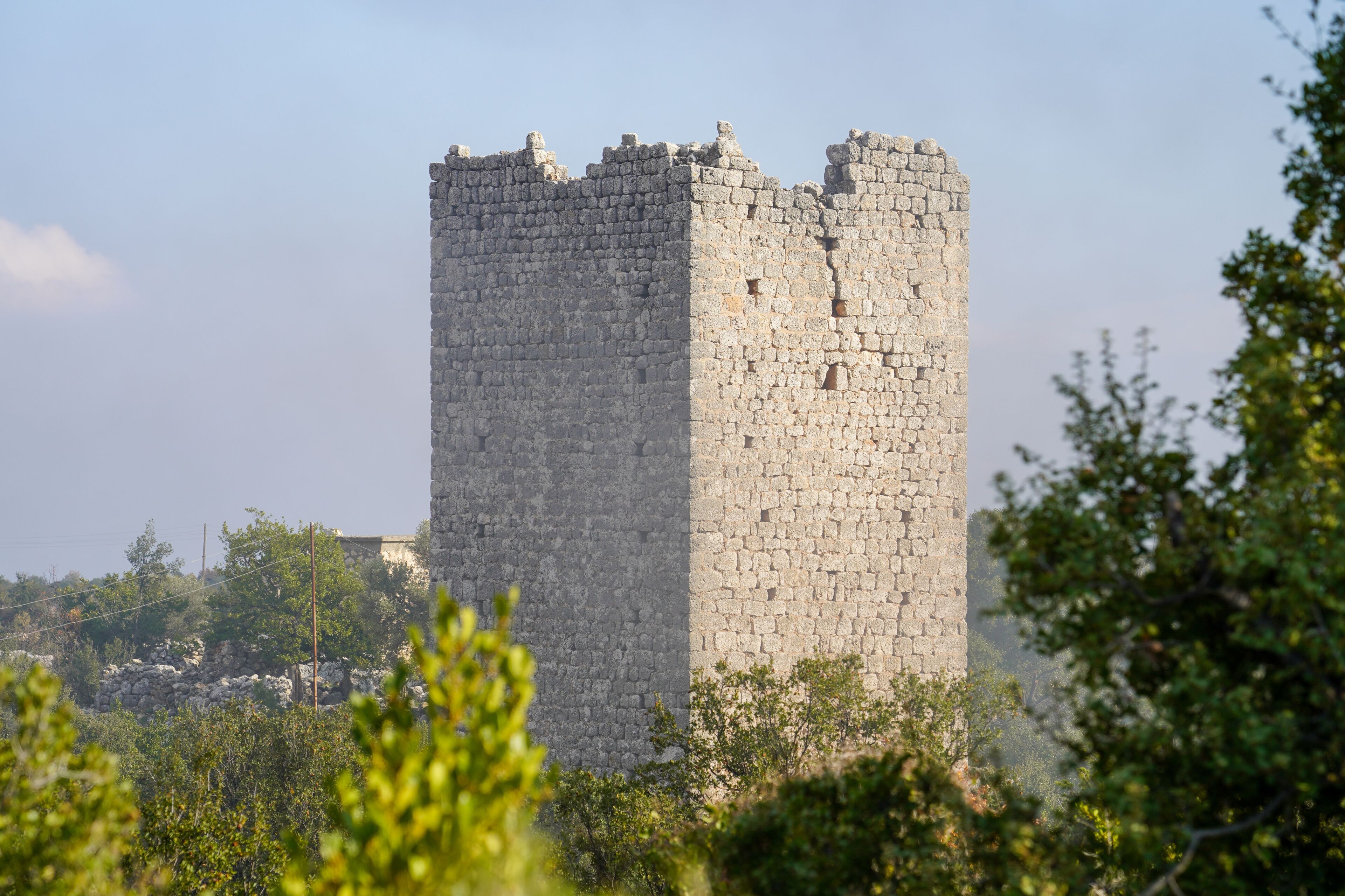 A tall, stone tower with a crenellated top, surrounded by greenery and trees.