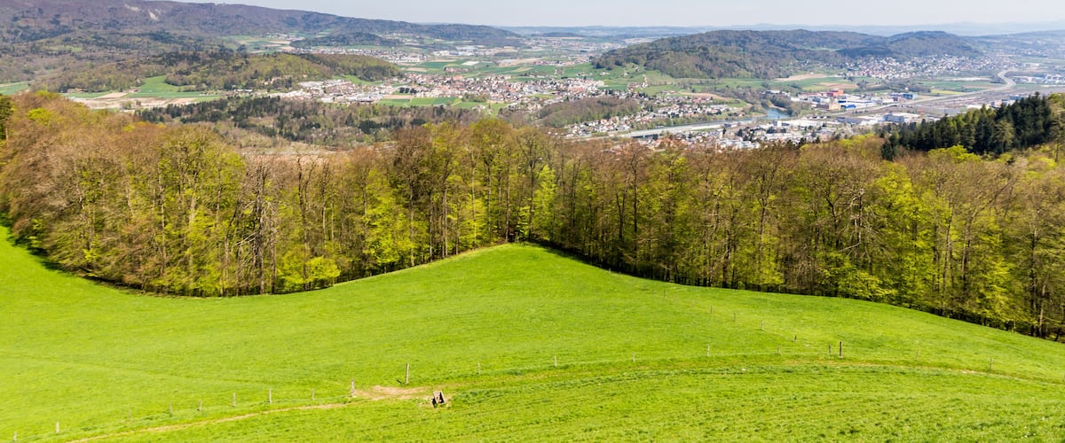 A valley with a town, green fields, and forested hills.