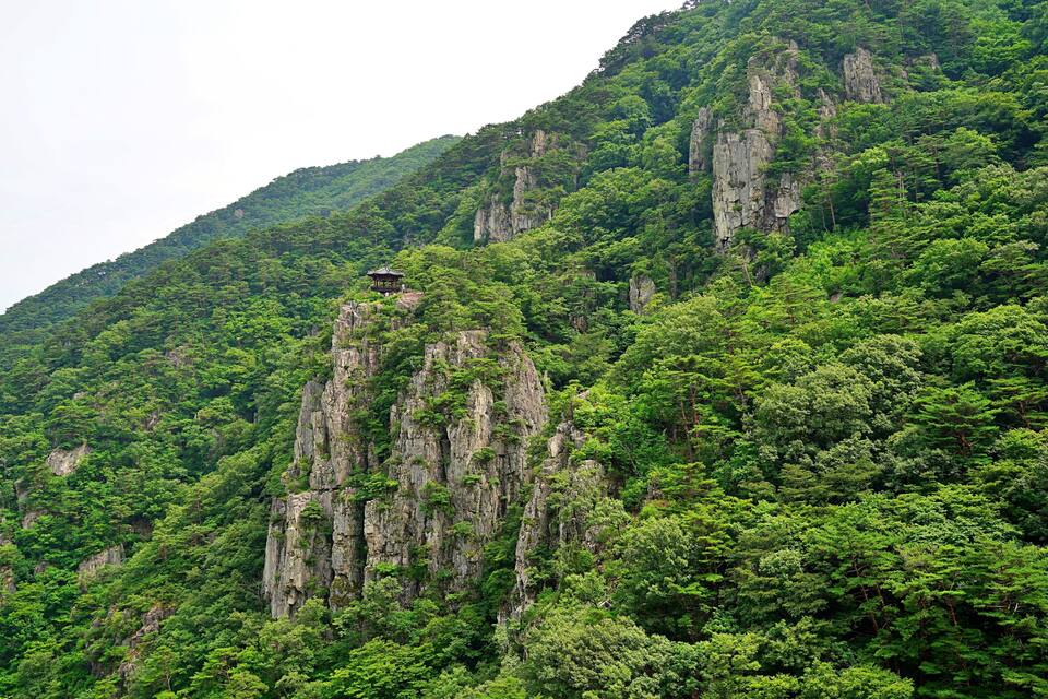 Una exuberante montaña verde con una estructura de madera tradicional en la cima.