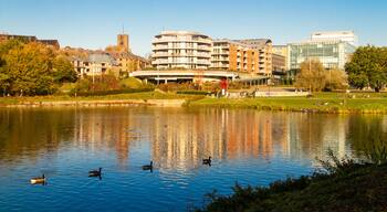 Belgum, View of Louvain-La Neuve with the Aula Magna from the lake in autumn