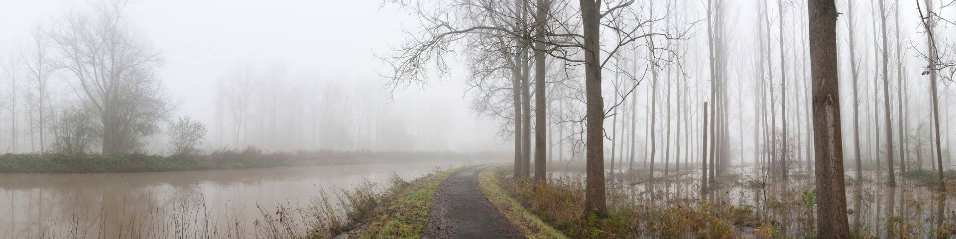 Panorama of biketrack at Provinciaal domein De Gavers in Geraardsbergen with the Dender river on the left side of the track and flooded meadows and forests on the right side of the image.