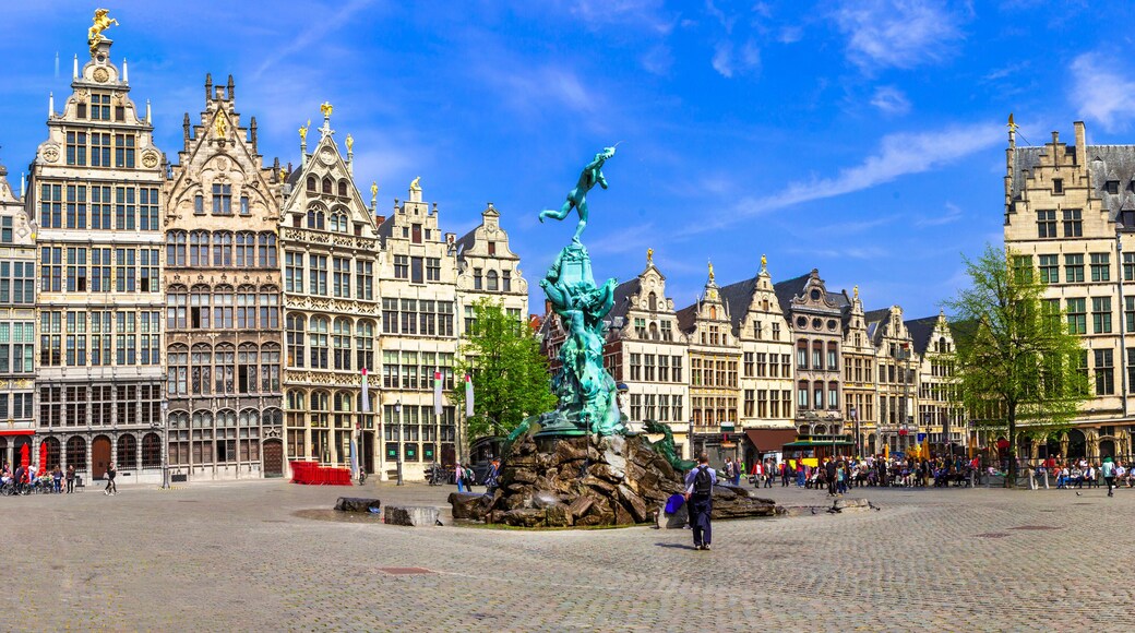 Panoramic View of Historic Flemish Guildhouses on Grote Markt, Antwerp. Spectacular Row of Medieval Architecture and Traditional Step-Gabled Houses in Flanders, Belgium