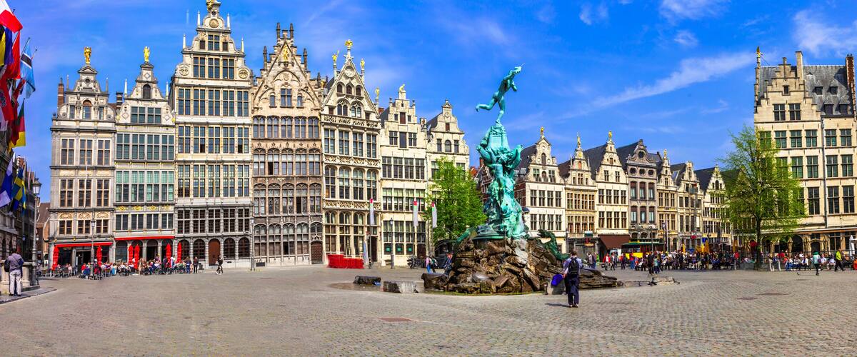 Panoramic View of Historic Flemish Guildhouses on Grote Markt, Antwerp. Spectacular Row of Medieval Architecture and Traditional Step-Gabled Houses in Flanders, Belgium