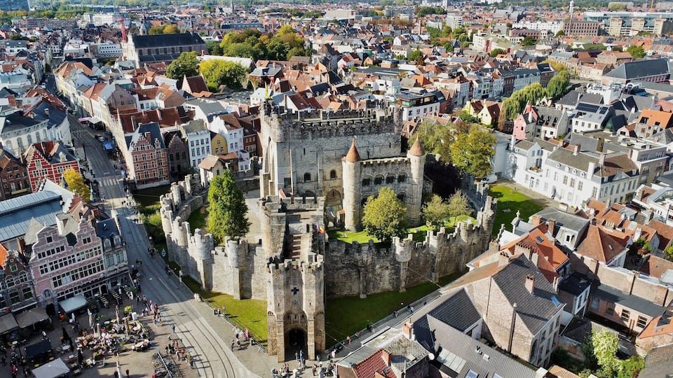 drone photo Castle of the counts of Flanders Ghent Belgium europe