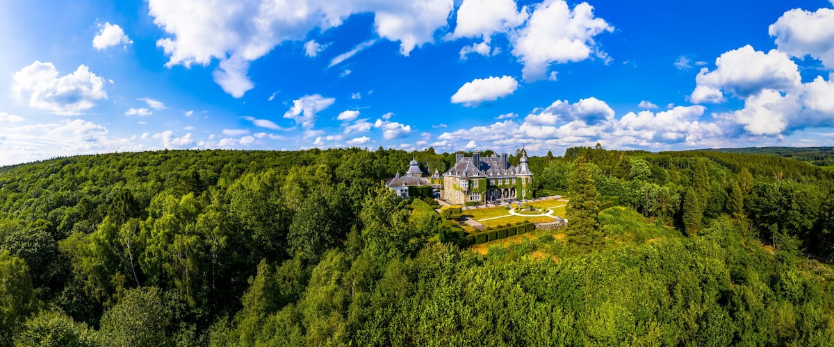 Aerial view. Manoir de Lébioles, castle-like manor house in Creppe, Spa, Belgium Jul 2019